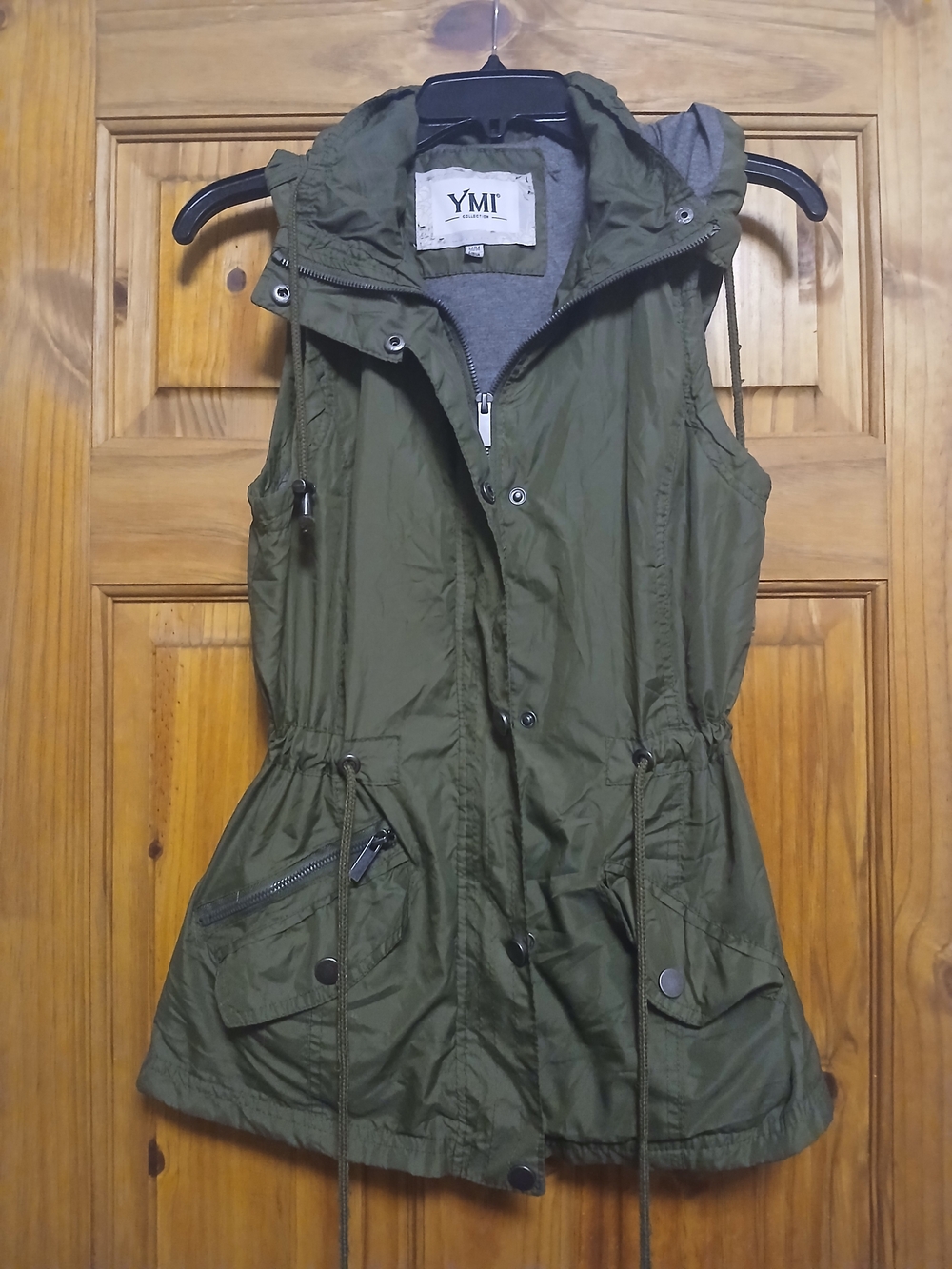 YMI Olive Utility Hooded Vest with Drawstring Waist